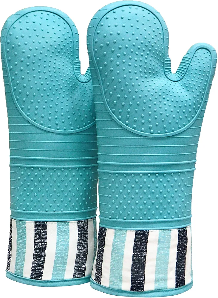 RED LMLDETA Heat Resistant 550 Degree Oven mitt, Silicone Oven Hot Mitts - 1 Pair, Extra Long Professional Baking Oven Gloves - Food Safe,Pot Holders Cooking,Grilling,Kitchen (Blue Mittens)