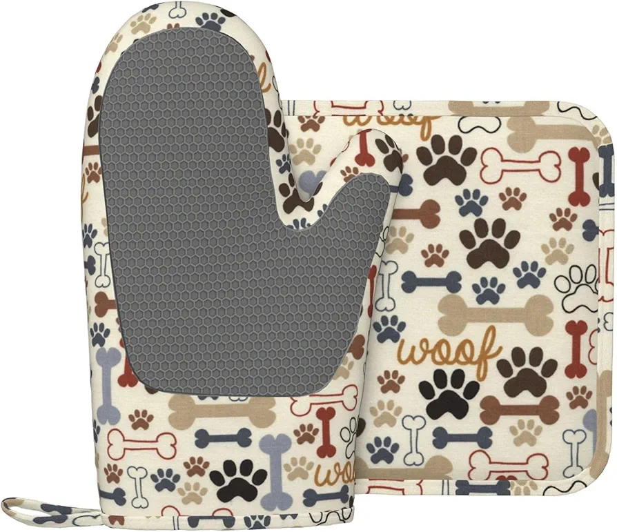 Dog Bone Paw Print Fun Oven Mitts and Pot Holders Set of 2 Silicone Heat Resistant Oven Mitten Potholders Non Slip Gloves Kitchen Decor for BBQ Cooking Grilling Baking