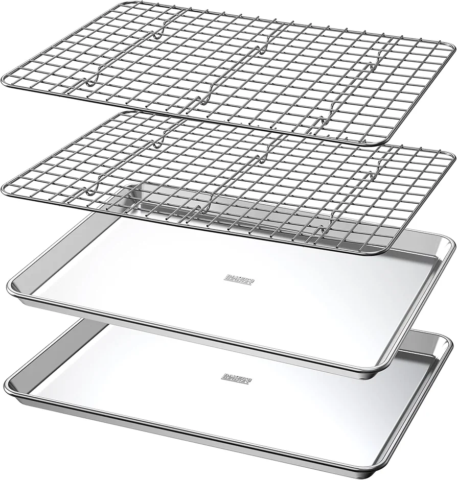 Baker's Secret 4pcs Set, 2x Baking Trays for Oven, 100% Recycled Aluminum, Non Toxic, Bakeware Set Cookie Sheet 13.6" with 2x Stainless Steel Rack Never Rust - The Natural Aluminum Collection