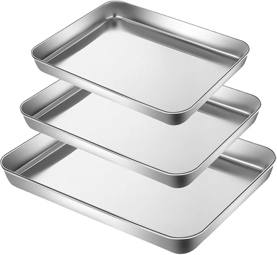 Baking Sheet Set of 3, Stainless Steel Cookie Sheet for Baking, 9/12/16 Inch Baking Tray, Mirror Finish & Rust Free, Easy Clean & Dishwasher Safe (Silver)