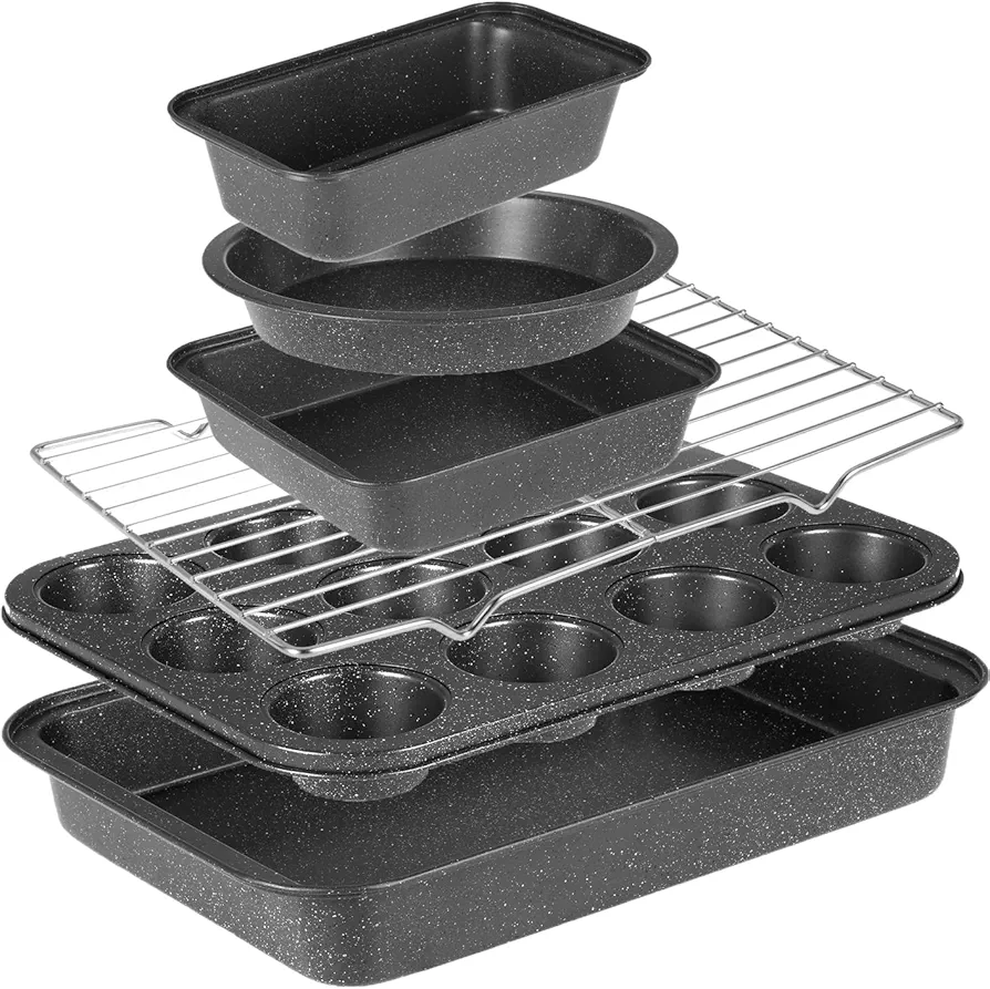 6 Pieces Baking Pans Set, Nonstick Baking Sheet Tray Oven Pans Bakeware Sets, Baking Supplies Includes Cake Pan 9 Inch Round, Muffin Pan, Square Baking Pan, Loaf Pan, Roaster Pan and Wire Rack