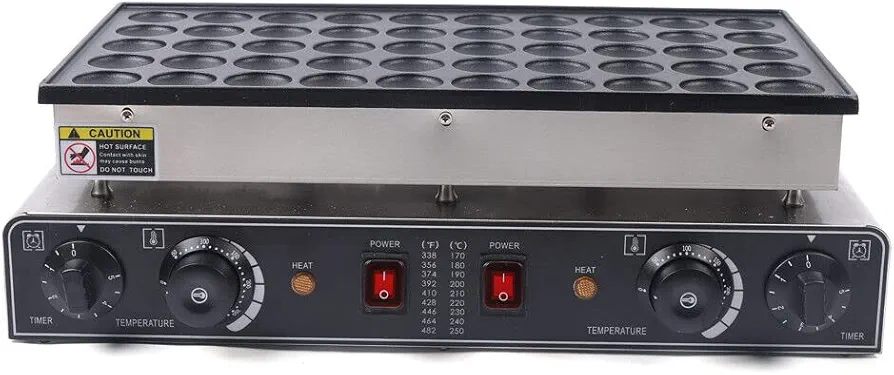 110V Mini Dutch Pancake Baker, 1700W 50PCS Commercial Electric Nonstick Waffle Maker Machine Stainless Steel, with 2 Thermostats & 2 Timers Separate Control, for Home and Restaurants