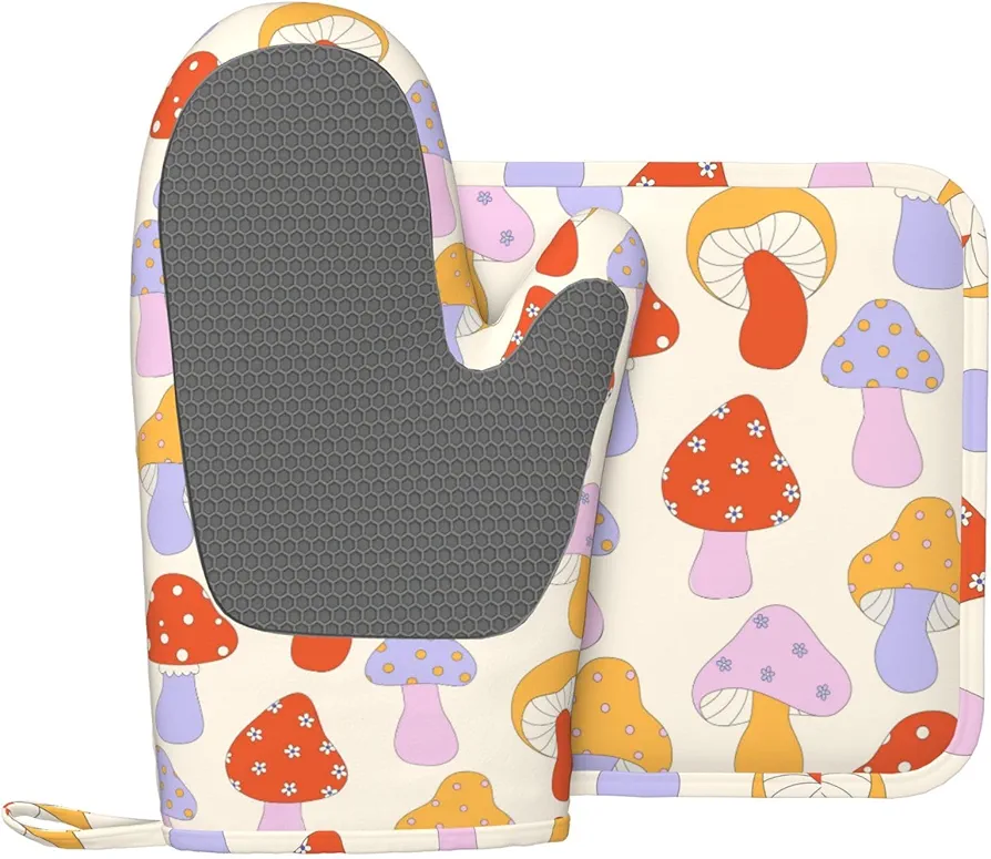 Mushroom Trendy Cute Pop 70s Oven Mitts and Pot Holders Set of 2 Silicone Heat Resistant Oven Mitten Potholders Non Slip Gloves Kitchen Decor for BBQ Cooking Grilling Baking