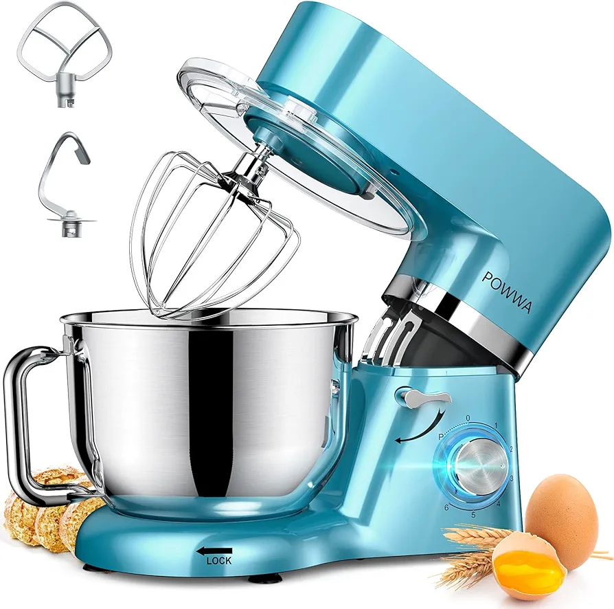 Stand Mixer, POWWA 7.5 QT Electric Mixer, 6+P Speed 660W Household Tilt-Head Kitchen Food Mixers with Whisk, Dough Hook, Mixing Beater & Splash Guard for Baking, Cake, Cookie, Kneading (Blue)