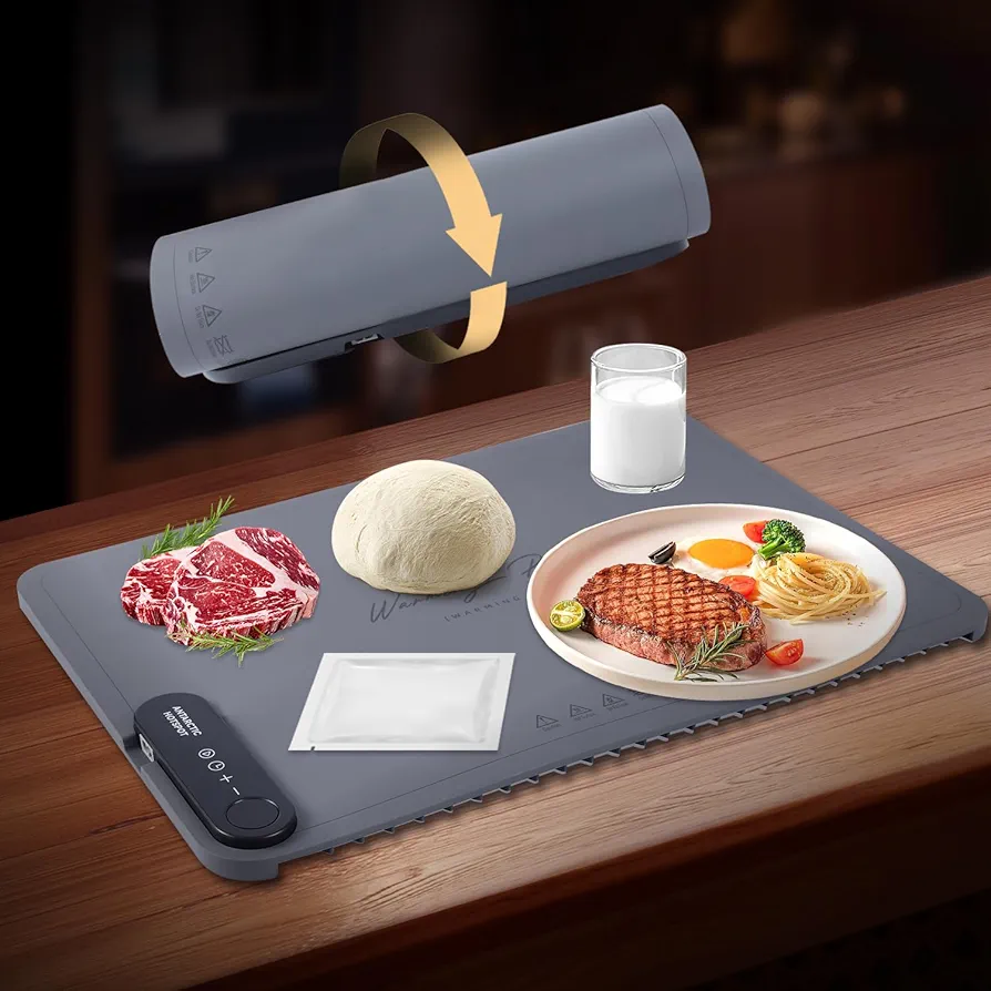 Revolutionary Rollable Full Surface Heating Warming Mat for Food Party Buffet Daily Use, Portable Electric Silicone Defrosting Tray, Hot Plate Keep Food Warm (Gray)