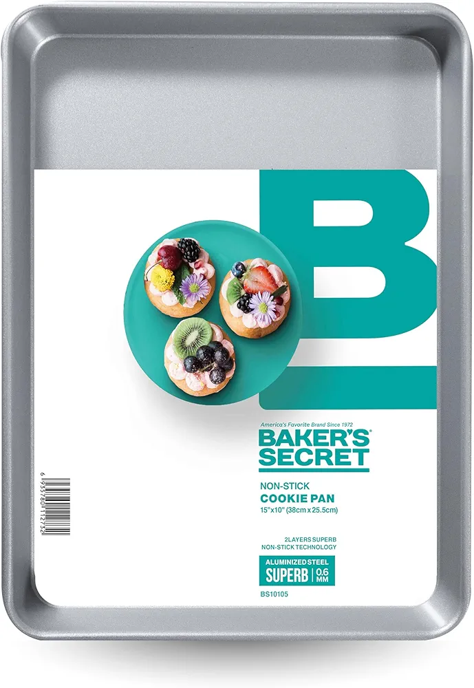 Baker's Secret Non Stick Nonstick Cookie Sheet 15" x 9.5", Aluminized Steel Medium Size Cookie Tray Jelly Roll with 2 Layers Food-Grade Coating, Non-stick Cookie Sheet - The Superb Collection