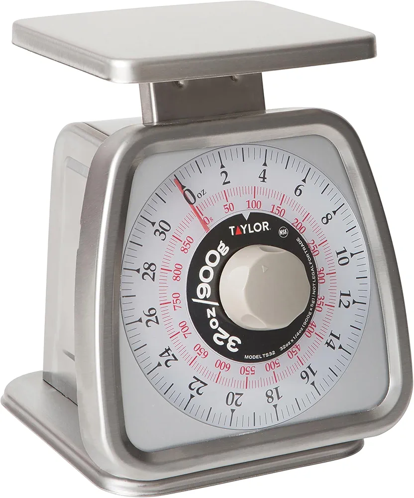 Taylor Mechanical Portion Control Kitchen Scale, Food Scale for Precise Weight Measuring and Portion Control, Rotating Dial Tare Function, NSF, TS32 32OZ, Stainless Steel Platform