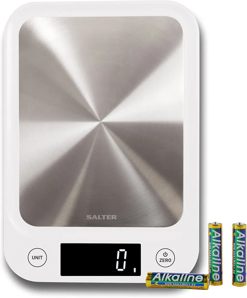 Salter 1105 SSWHDR Stainless Steel Electronic Scale - 5 KG Capacity, Large Platform Digital, Slim Design, Easy to Clean, Backlit Display, Tare Function, Accurate Readings, Batteries Included, White