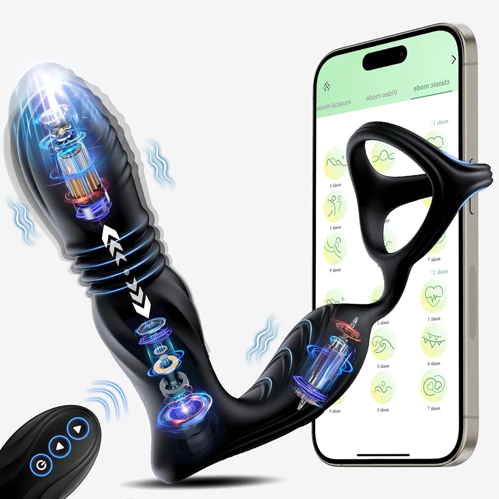 Thrusting Anal Vibrator Prostate Massager with Cock Ring - App & Remote Control Anal Plug Anal Sex Toys with 9 Thrusting & 9 Vibration Modes, Dildo Butt Plug Sex Toys for Men and Couple Pleasure