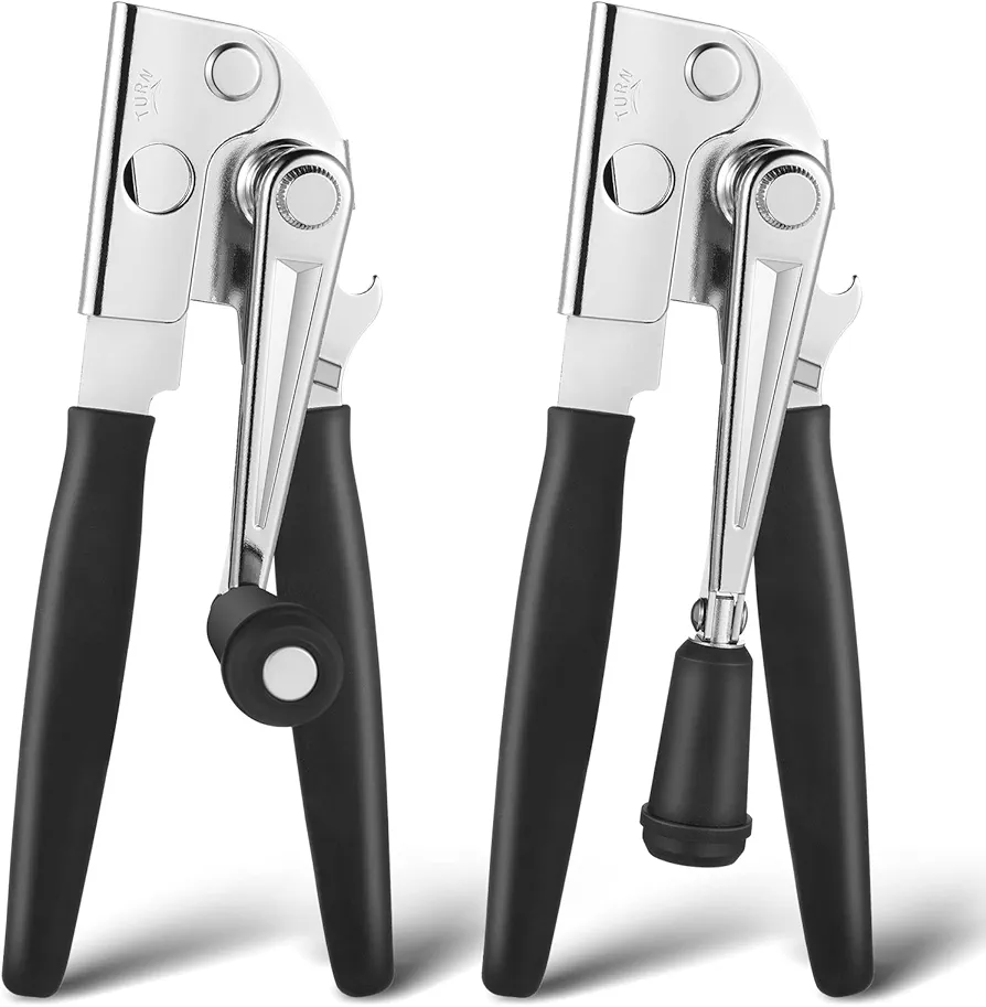 Dreyoo 2 Pack Commercial Can Opener Manual Heavy Duty, Stainless Steel Handheld Can Opener with Folding Easy Crank Handle, Smooth Edge, Black Swing Grips, for #10 Bulk Cans and All Size Cans