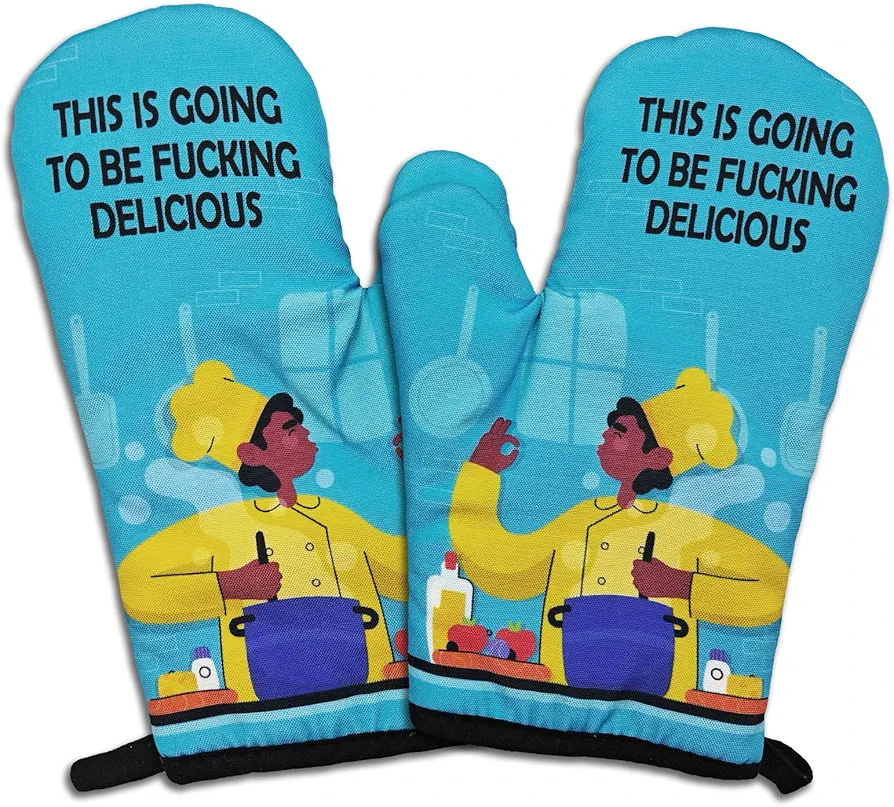 2 Pcs Funny Kitchen Oven Mitts This is Going to Be Fxxking Delicious Heat Resistant Baking Mitts Silicone Non-Slip Oven Mitts Cooking Chef Gift Novelty Baking Gift for Men Dad Friend Baker