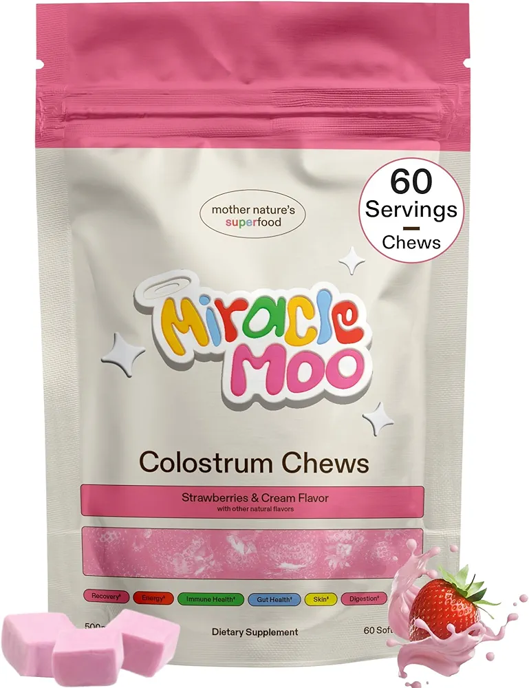 Colostrum Chews Supplement for Gut Health, Bloating, Immune Support, Skin, Hair Growth and Beauty - Grass Fed Bovine Powder - Strawberry Flavor (60 Servings)