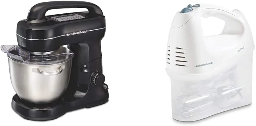 Hamilton Beach Electric Stand Mixer, 4 Quarts, Dough Hook, Flat Beater Attachments, Splash Guard 7 Speeds with Whisk, Black with Top Handle and Hamilton Beach 6-Speed Electric Hand Mixer with Whisk, Traditional Beaters, Snap-On Storage Case, White