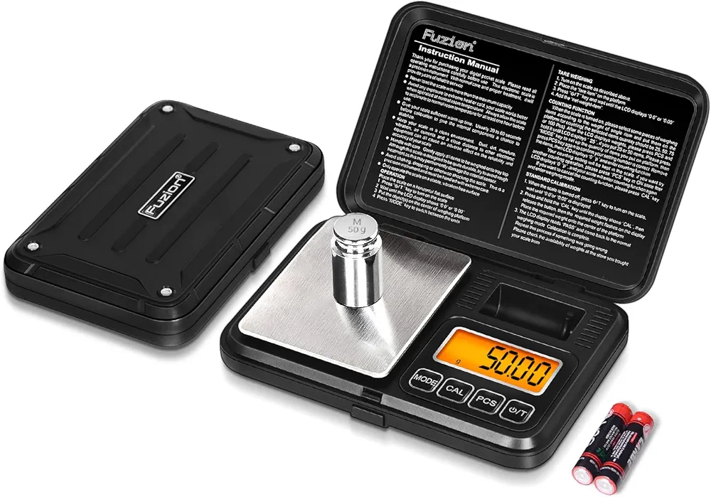 Fuzion Digital Pocket Scale 200g/0.01g, Scale Gram with LCD Display, Tare and PCS, Mini Digital Scale with 50g Calibration Weight for Jewelry, Coins, Powder, Herbs, Spices (Battery Included)