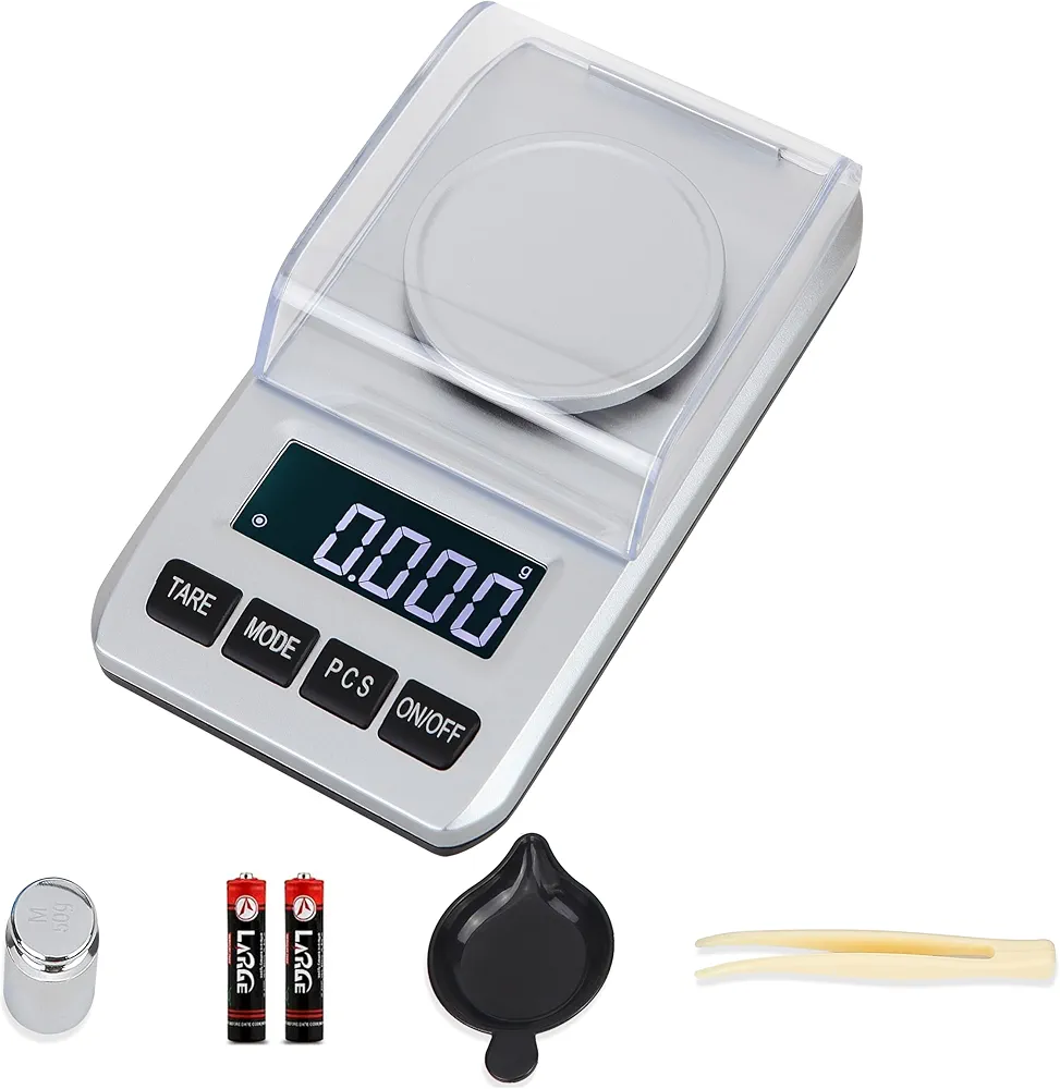 High Precision Jewelry Scale 90g/0.001g Digital Scale, Pocket Scale, Gram Scale, Powder Scale, Micro Scale for Powder Medicine, Gold, Gem, Reloading, with 50g Calibration Weigh (Silver)