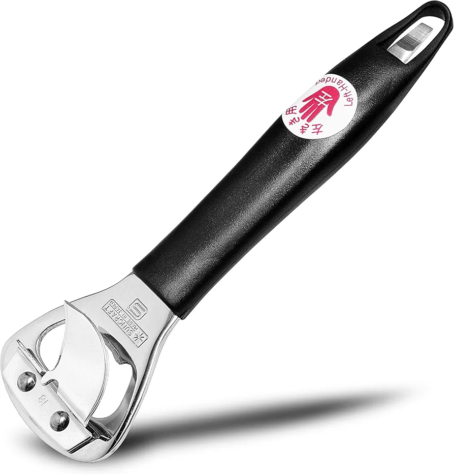 Seki Japan Hand Held Manual Can Opener, Heavy Duty Stainless Steel Bottle Opener, 5.9" Black Plastic Handle for Left-handed