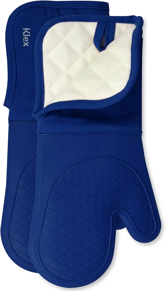 Klex Extra Long Silicone Oven Mitts, 932°F Degrees Heat Resistance with Quilted Cotton Liner Oven Gloves, 2 Piece Set, 15 inch, Blue