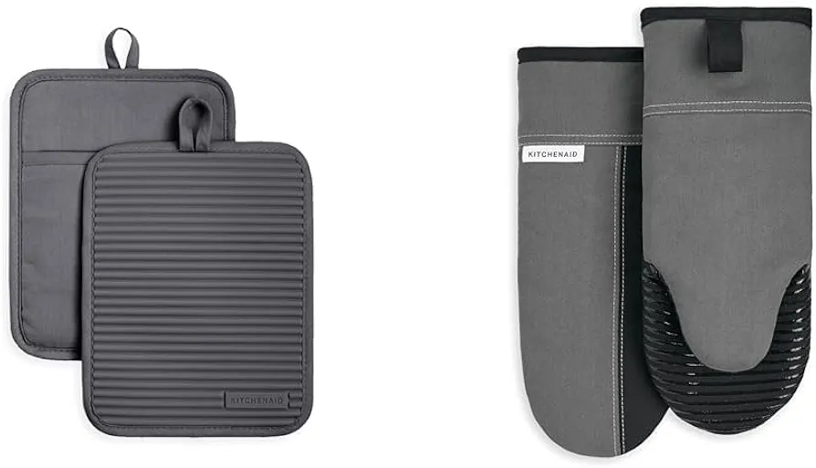 KitchenAid Ribbed Soft Silicone Pot Holder Set, Charcoal Grey 7"x9" & Beacon Two-Tone Non-Slip Oven Mitt Set, Contour Silver/Onyx Black, 5.75"x13", 2 Piece