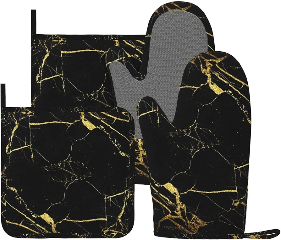 Marble Gold Black Oven Mitts and Pot Holders Sets of 4, Heat Resistant Silicone Oven Mittens and Potholders Gloves Hot Pads for Kitchen Cooking Baking Grilling BBQ Chef