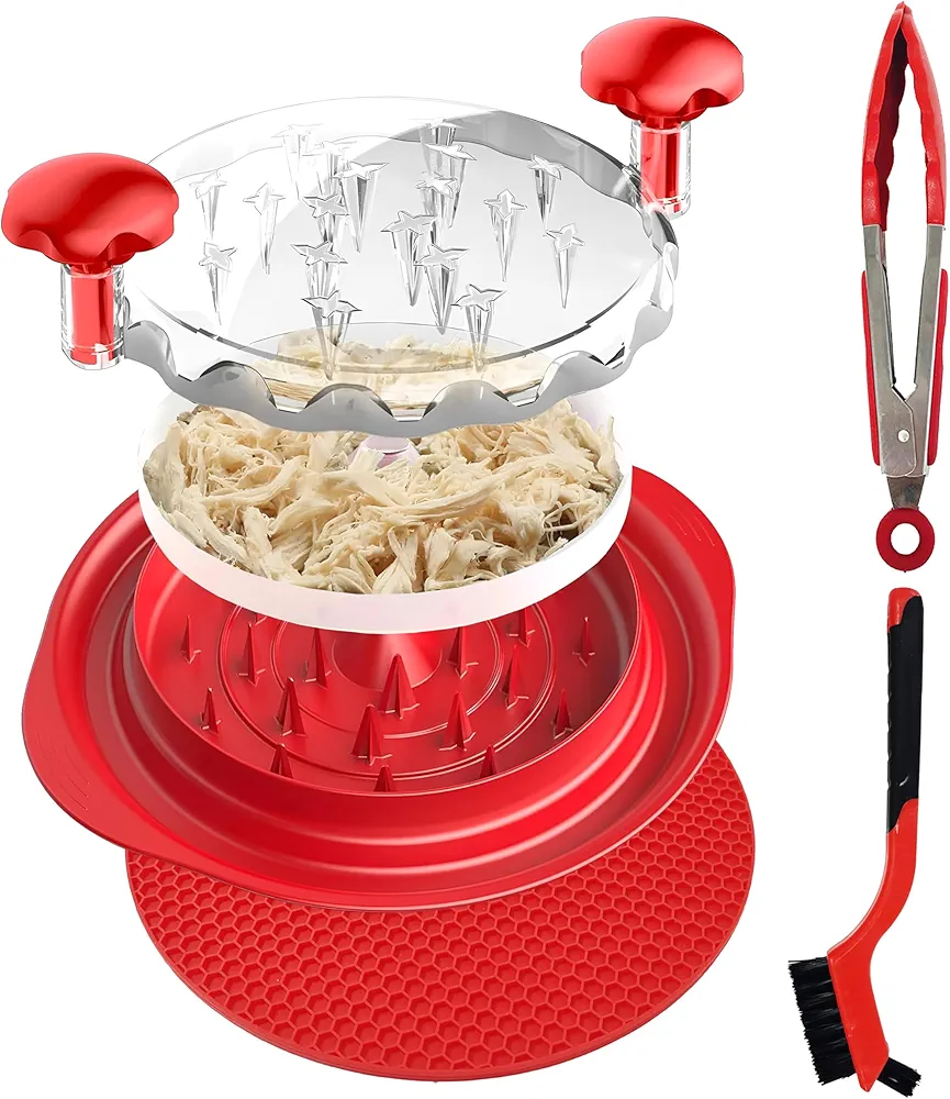 Chicken Shredder Tool Twist Large, Visible Chicken Breast Shredder, Meat Shredder Tool Twist with Separate Plate, Brush, Mat, Food Tongs, Ergonomic Handle, Dishwasher Safe, Non-Slip Design BPA Free