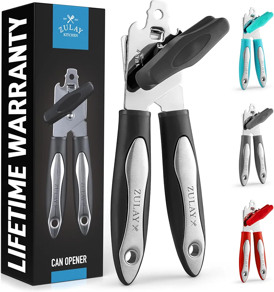 Zulay Kitchen Can Opener Handheld - Durable Manual Can Opener Smooth Edge Cut Stainless Steel Blades - Heavy-Duty Can Opener Manual with Comfortable Grip Handle and Large Turn Knob (Black)