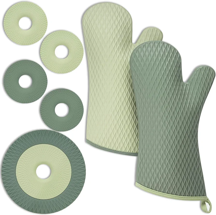 Heat Resistant Silicone Oven Mitt and Trivet Set, Waterproof, BPA-Free - 8 Piece Kitchen Set Eucalyptus and Mint Color