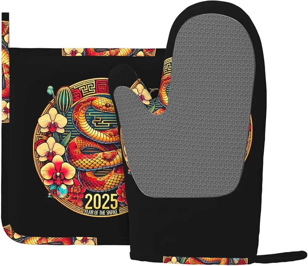 2025 Year Snake Chinese New Year Silicone Oven Mitts Pot Holders Set of 2 Non-Slip Mitts Gloves Potholders Set Heat Resistant Pads for Kitchen Cooking BBQ Baking Grilling