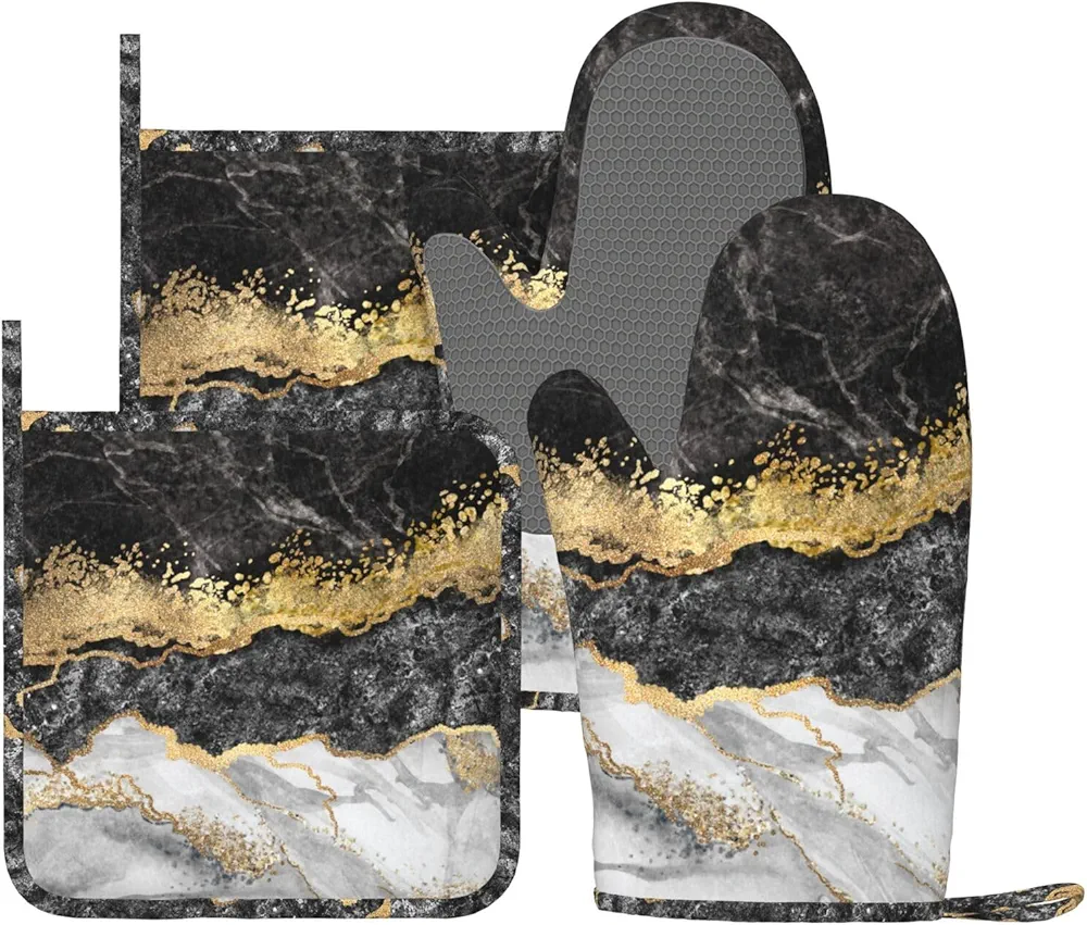 Marble Black Grey Gold Oven Mitts and Pot Holders Sets of 4, Heat Resistant Silicone Oven Mittens and Potholders Gloves Hot Pads for Kitchen Cooking Baking Grilling BBQ Chef
