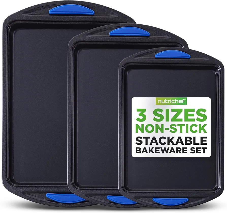 NutriChef 3-Piece Nonstick Cookie Sheet Tray Set - Baking Pans with Blue Silicone Handles, Stackable Design, Easy to Clean, Small, Medium, Large Carbon Steel Cookie Pans, Oven Safe to 446°F