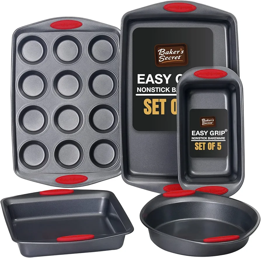 Baker's Secret Bakeware sets - 5x Bakeware Pans -Baking Dishes for Oven, Nonstick, with Cookie Sheet, 12cup Muffin pan, Loaf pan, Cake round and square pan, Non stick baking pans sets for all bakers