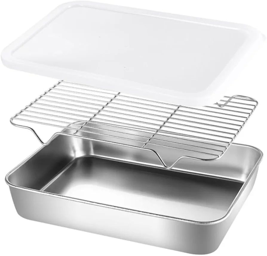 Toaster Oven Pans, Stainless Steel Bakeware With Rack & Lid, Cookie Sheets For Baking Pan Tray, Heavy DutyBakeware Baking Pans For Cookie, Cake Cooling Storing(23x17x5cm)