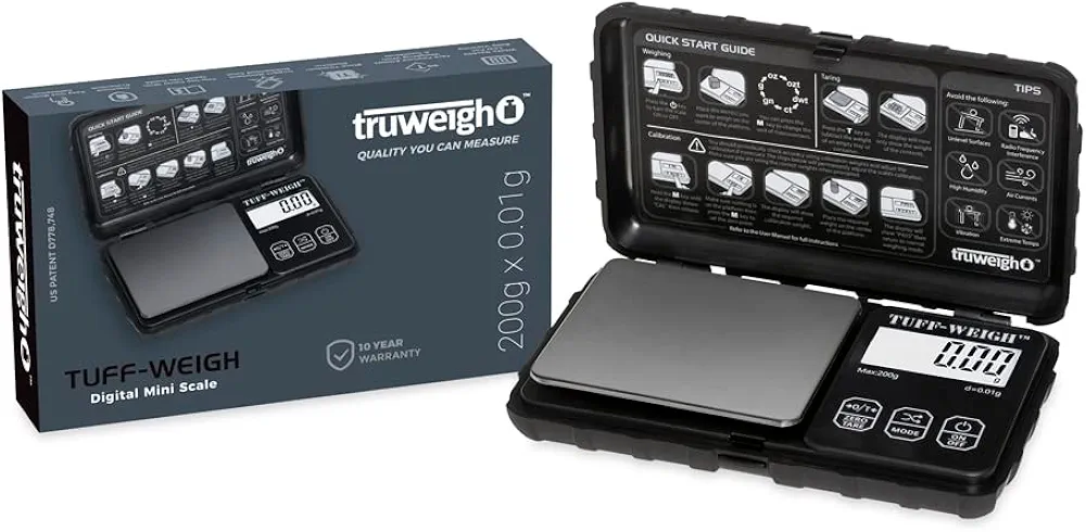 TUFFWEIGH Digital Mini Scale (200g x 0.01g) - Rubberized Impact Resistant Digital Kitchen Scale - Travel Digital Pocket Scale - Digital Food Scale - (Black/Black)