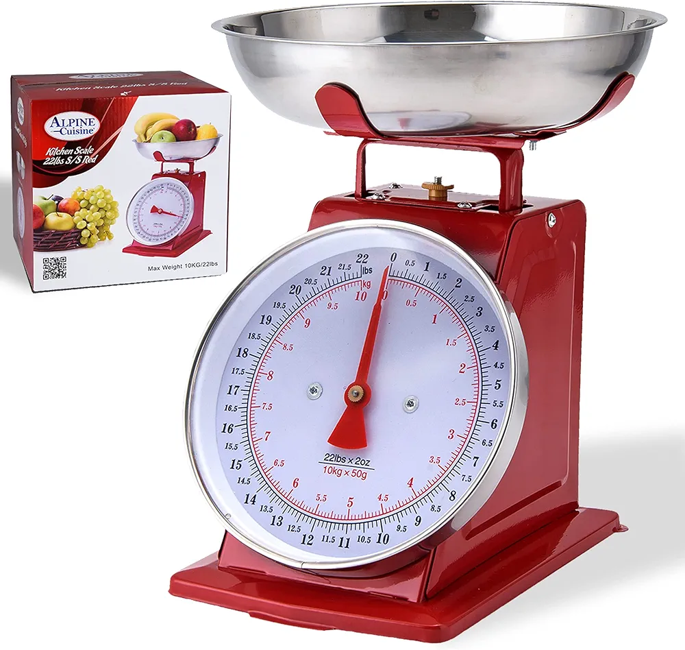 Alpine Cuisine Analog Kitchen Scale Red - Mechanical Kitchen Weighing Food Scale Weighs Up to 22 Lbs., Analog Food Scale for Kitchen - Measures in Grams and Ounces - Food Weight Scale