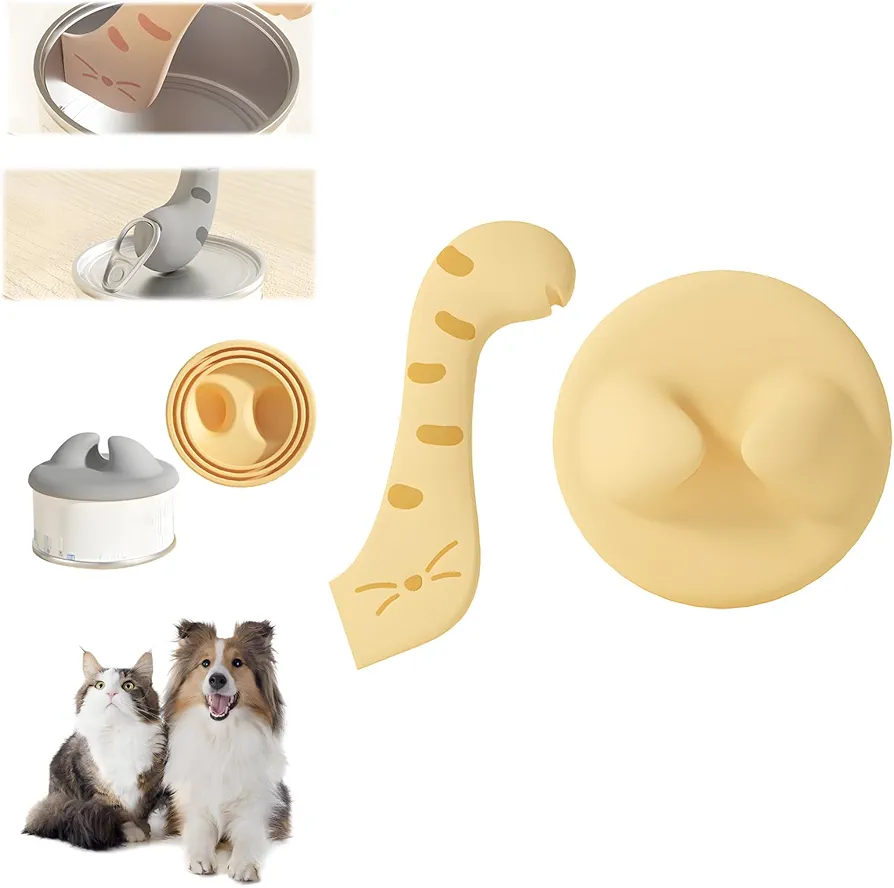 Pet Food Can Lid Scoop, 2024 New Cat Food Can Spoons & Can Lids, Multi-function Can Opener, Silicone Pet Food Can Covers, Wet Food Spoon for Cats and Dogs (Yellow)