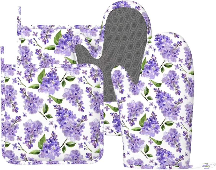 Lavender Oven Mitts and Pot Holders 4 pcs Set Silicone Purple Lilac Flower Kitchen Oven Mitt Gloves Lavenders Pot Holders Non-Slip Heat Resistant Cooking Mitts Set for Kitchen Baking Grilling