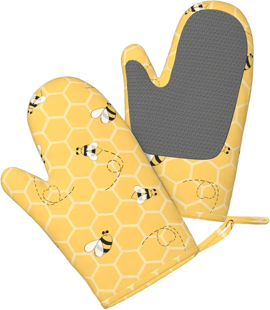 1 Pair Durable Funny Honey Bees Kitchen Silicone Oven Mitts, Yellow Beehive Heat Resistant Lining Fabric Pot Holder Gloves for BBQ Cooking Baking
