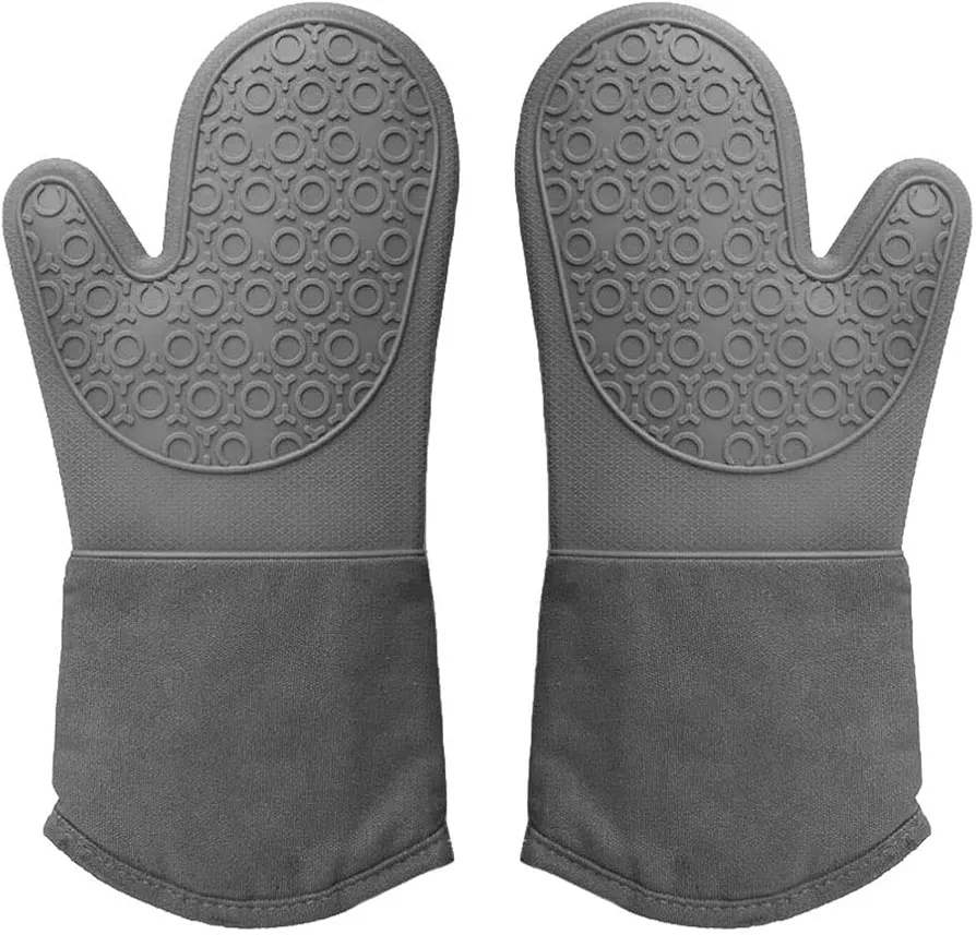 Extra Long Professional Silicone Oven Mitt, Durable Flexible Heat Resistant Oven Gloves with Quilted Line for BBQ, Baking, Cooking and Grilling - 1 Pair 13.7 Inch Grey