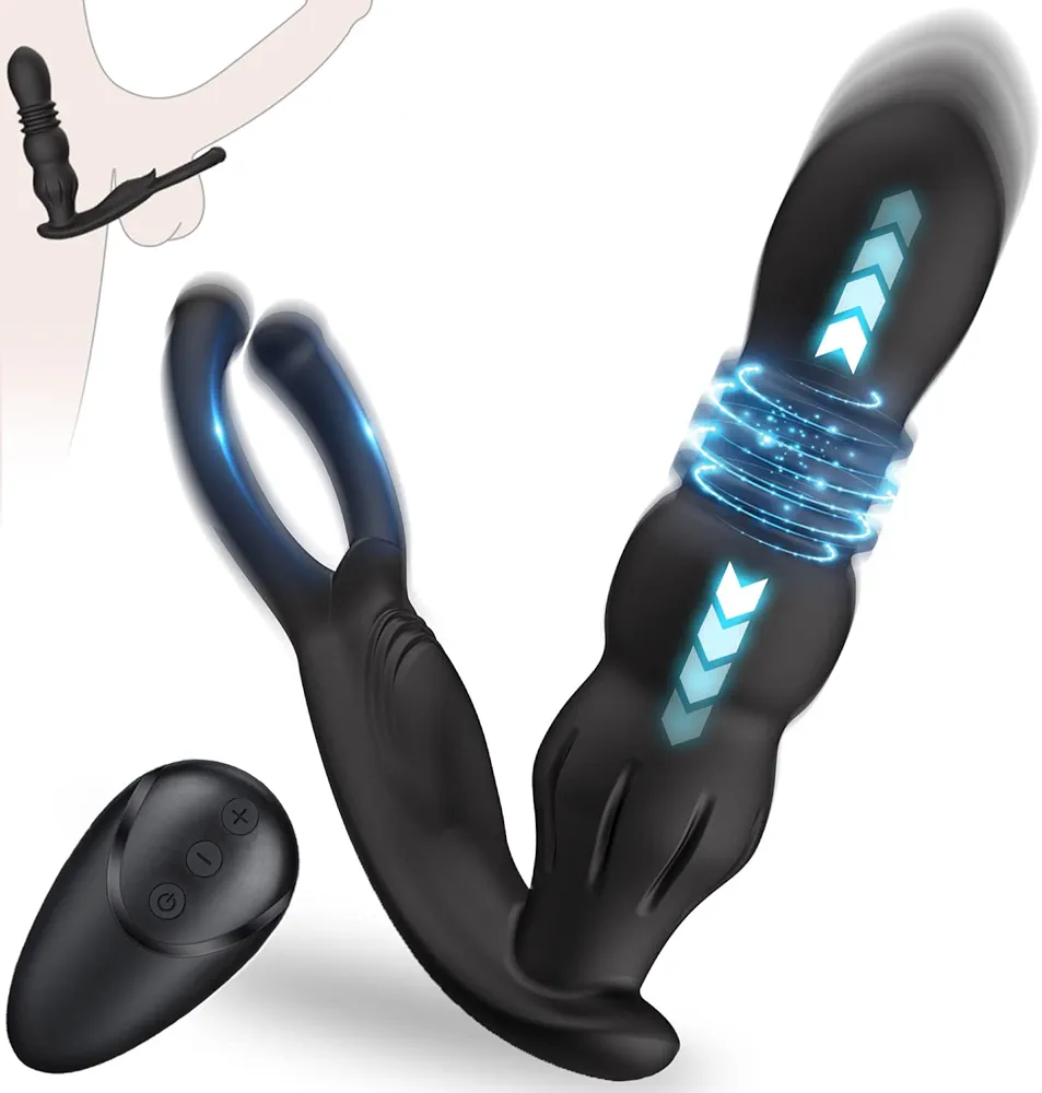 Prostate Massager Vibrating Cock Ring Stimulator, Thrusting Vibrating 7 Modes and 3 Thrusting Anal Sex Toys Penis Ring Sex Toys for Men Women and Couples Waterproof Remote Control