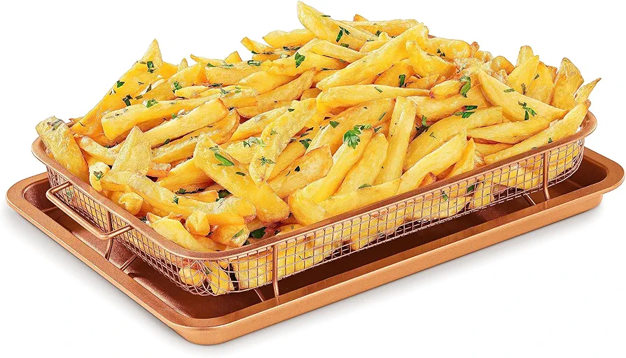 Bakken Swiss Air Fryer Tray Basket w/Elevated Mesh Great For Oven, For Baking & Crispy Foods, Dishwasher Safe,PTFE/PFOA/PFOS FREE Extra-large 9.5/''x13/'',Copper