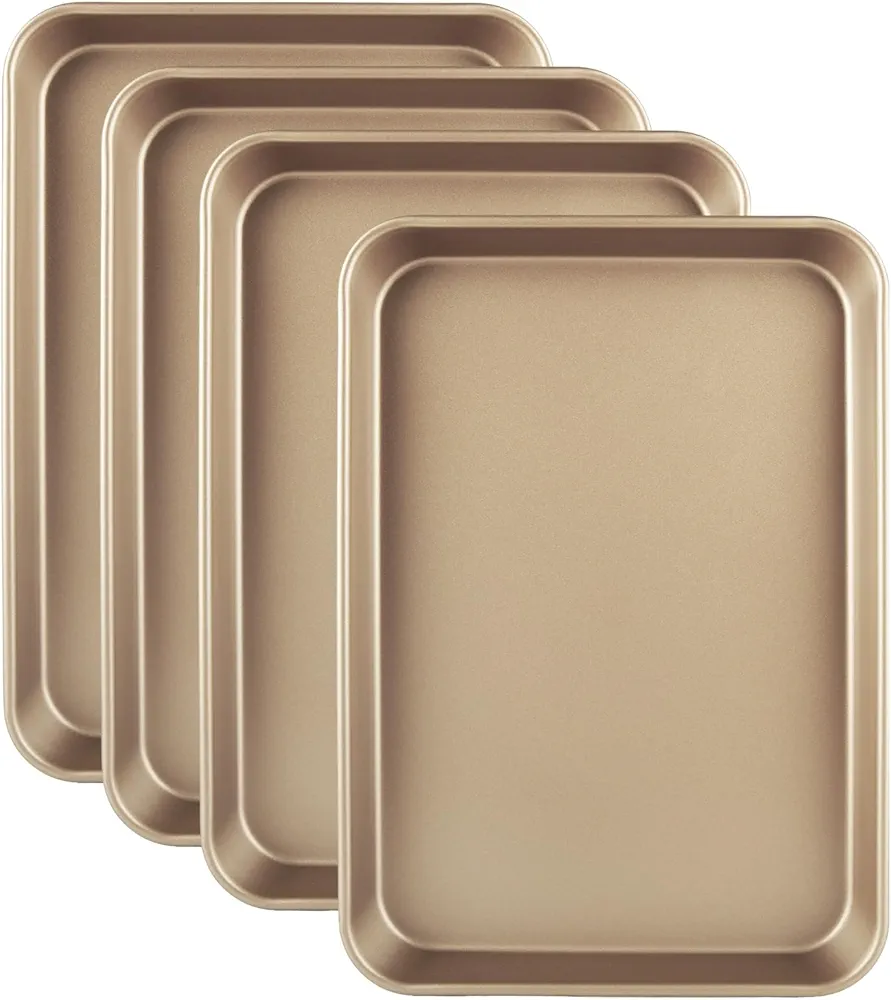 Acrux7 4 Pack Quarter Sheet Pan, 9x13 Carbon Steel Baking Pan Rectangular Nonstick Cookie Sheets for Baking, 1/4 Size Sheet Pans, Baking Pans Trays Set for Oven (Gold)