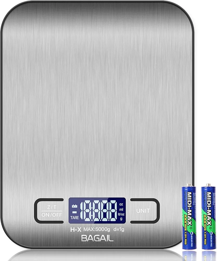 BAGAIL BASICS Digital Kitchen Scale, Premium Stainless Steel Food Scales Weight Grams and Oz for Baking and Cooking, 11lb/5kg with 0.1oz/1g Precision