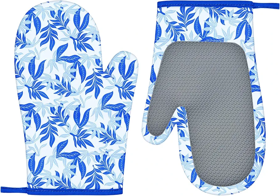 Oven Mitts Set of 2 with Silicone Shell and Printing Cotton Lining, Cute Oven Mitts Kitchen, Non-Slip Surface for Baking Cooking Grilling, Blue Floral
