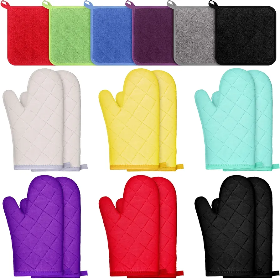 Zubebe 12 Pcs Oven Mitts and Pot Holders Multicolor Sets 6 Pair Blank Sublimation Heat Resistant Cotton Oven Gloves Kitchen Gloves 6 Terry Cloth Pot Holders Oven Hot Pads for Cooking Baking Grilling
