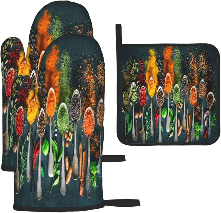 Colourful Herbs Spices Oven Mitts and Pot Holders Set, Heat Resistant Microwave Oven Gloves for BBQ Baking Grilling, Cooks Gifts for Women,Baking Gifts for Women,Housewarming Gifts for New Home