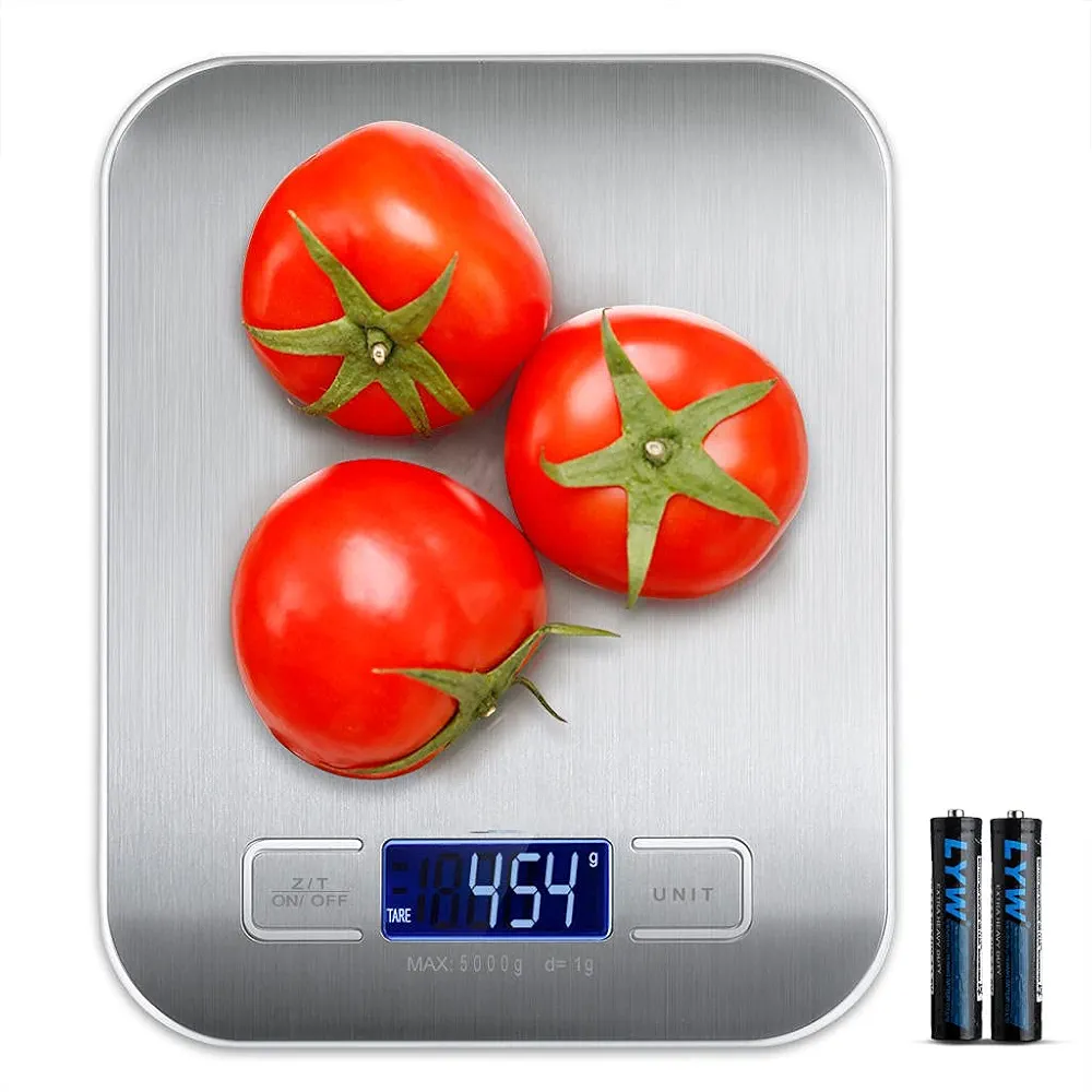Digital Kitchen Scale – Battery Operated Highly Accurate Stainless Steel - Grams and Oz for Weight Loss Tare Function 11lb