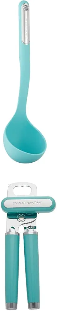 KitchenAid Silicone Ladle, 13 inches, Aqua Sky and KitchenAid Classic Multifunction Can Opener/Bottle Opener, 8.34-Inch, Aqua Sky