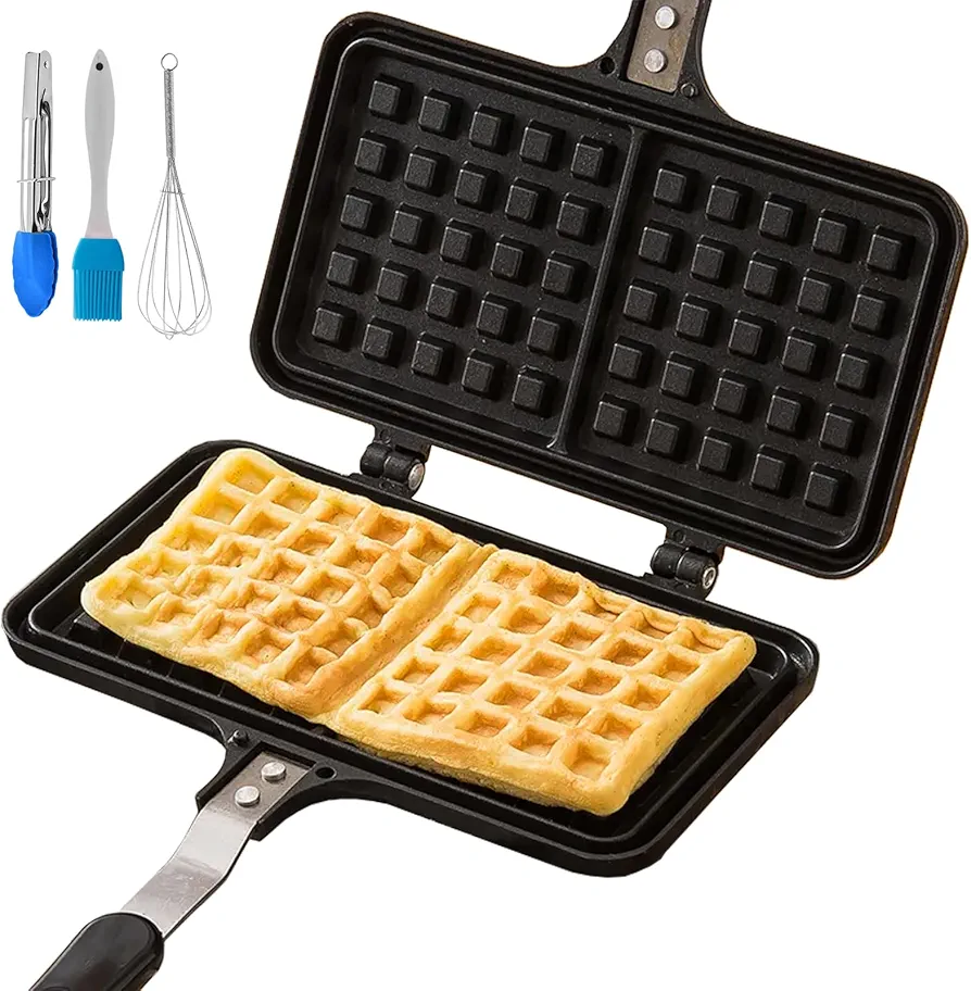 Non-stick Aluminum Stovetop Double Mini Waffle Baking Pan, 4.3 x 8.3 inch Stovetop Belgium Waffle Iron Maker Waffle Pan Pie Maker Waffle Pan Pot, Comes with Oil Brush,Stirrer and Clip