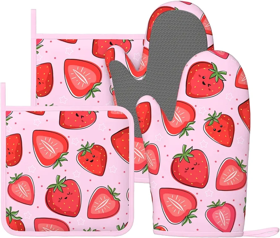Pink Cute Strawberry Oven Mitts and Pot Holders Sets of 4, Heat Resistant Silicone Oven Mittens and Potholders Gloves Hot Pads for Kitchen Cooking Baking Grilling BBQ Chef