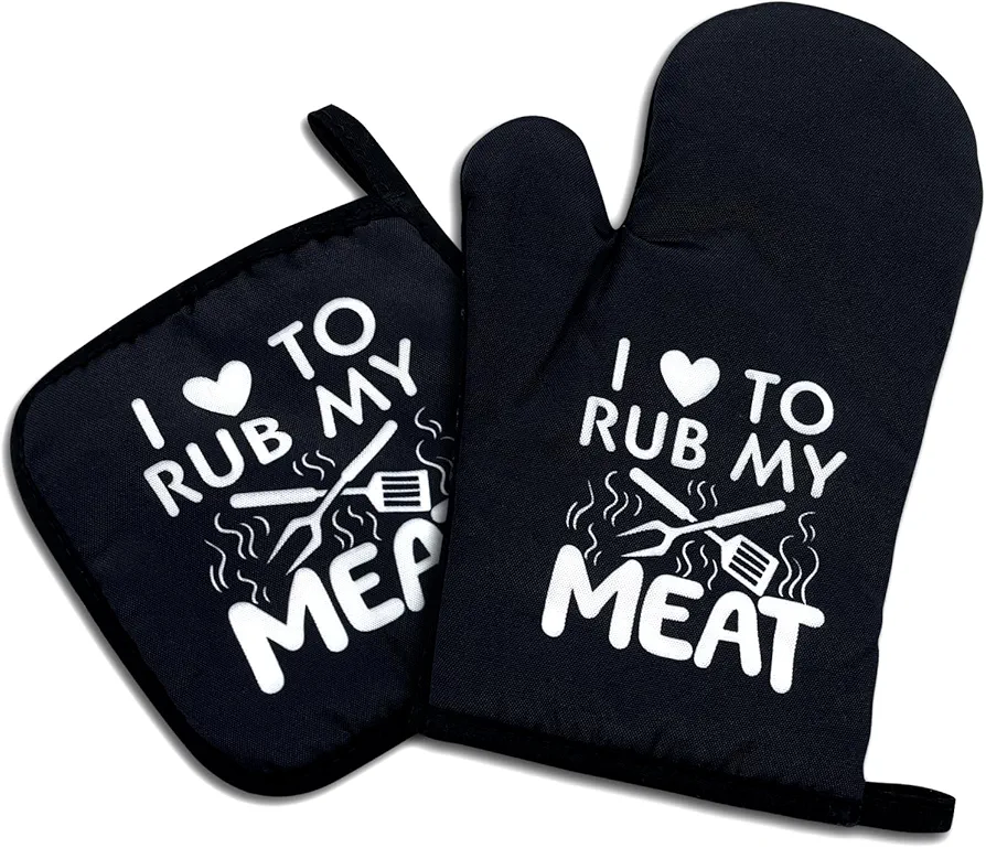 I Love to Rub My Meat,Funny Oven Mitts and Pot Holders Sets of 2,Silicone Non-Slip Oven Mitts,Kitchen Gift for Men Women,BBQ Gloves,Cooking Baking BBQ Gifts