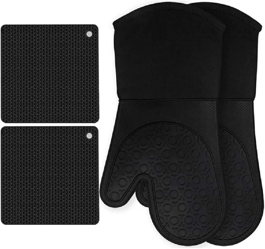 Silicone Oven Mitt and Pot Holder,Set of 4,Cooking Gloves,Kitchen Counter Safety Tripod Pads,Premium Heat Resistant,Anti-Slip Textured Grip (Black)
